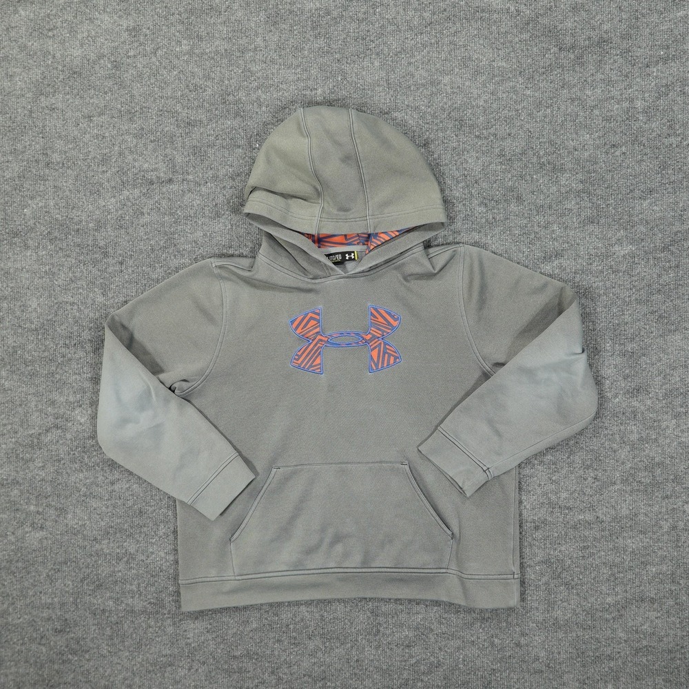 Under Armour Hoodie Kids Youth XL Grey Orange Blue Fleece Pullover Sweatshirt